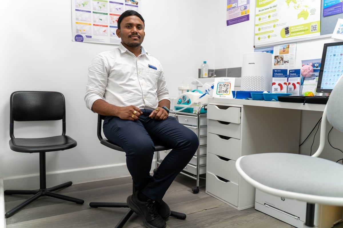 A MediPill pharmacist in the private consultation room where travel appointments take place