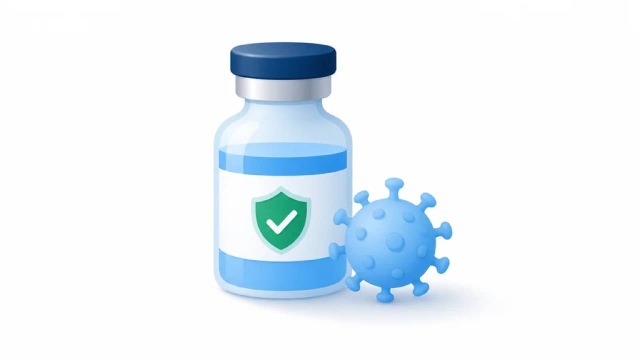 Illustration of a vaccine vial beside a virus particle