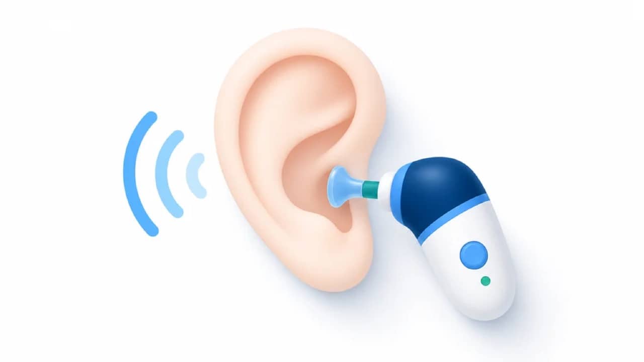 Illustration of an ear being examined with an otoscope