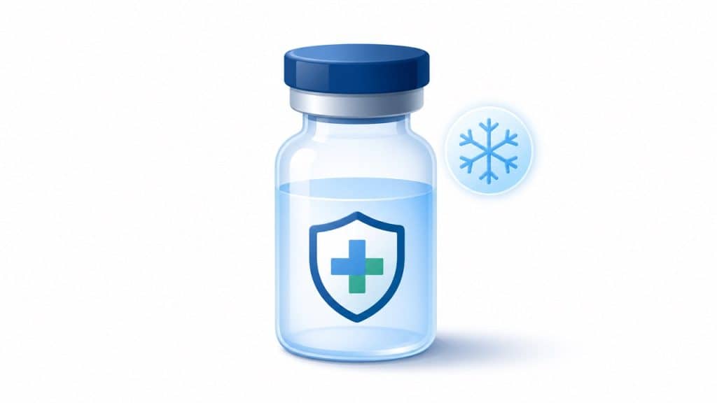 Illustration of a vaccine vial with a protective shield and a winter snowflake