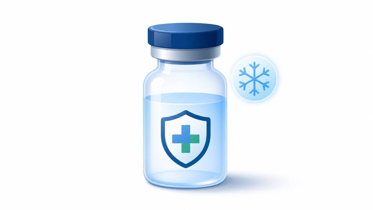 Illustration of a vaccine vial with a protective shield and a winter snowflake