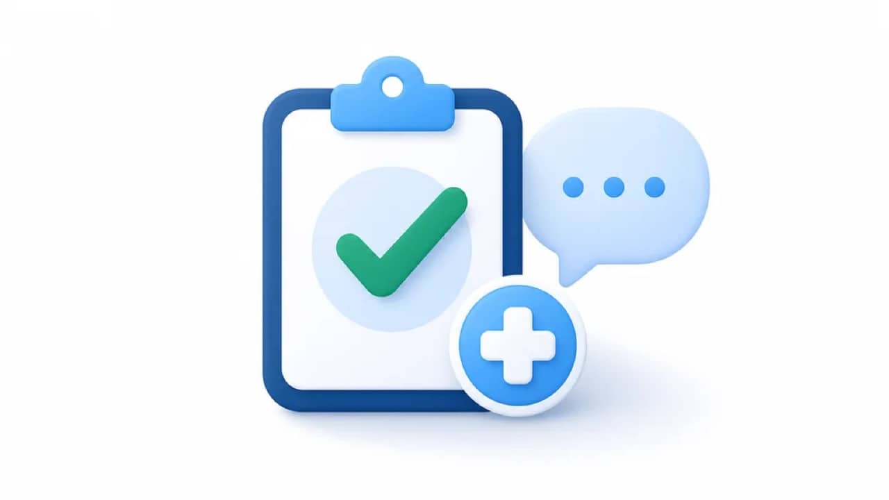 Illustration of a checklist with a tick and a speech bubble, representing an NHS Pharmacy First consultation