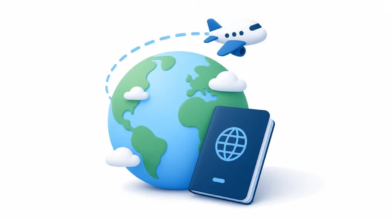 Illustration of a globe, passport and aeroplane, representing travel vaccinations